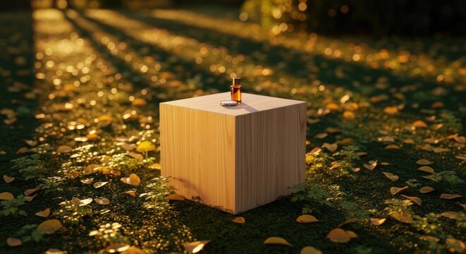 Small Amber Dropper Bottle on a Wooden Cube in a Sun-Dappled Autumn Garden (411