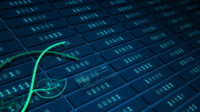 Glowing plant circuit flowing across binary server grid symbolizing sustainable AI, glassmorphism illustration