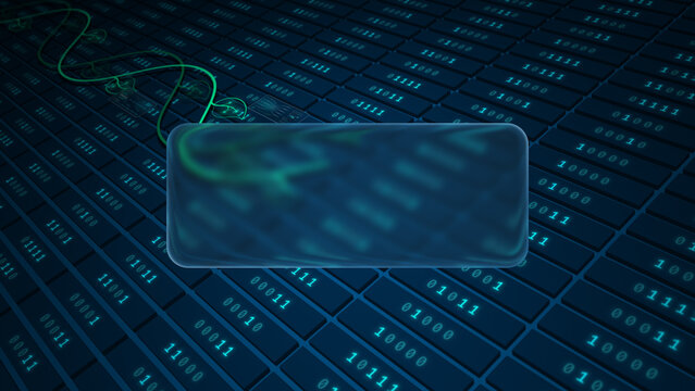 Glowing plant circuit flowing across binary server grid with glassmorphism panel, seamless loop