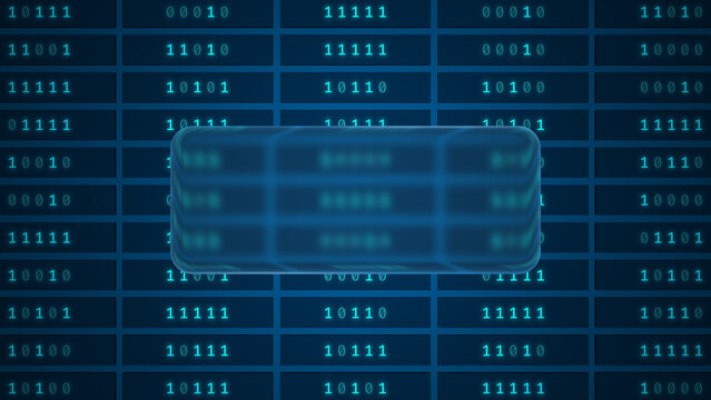 Glowing plant circuit flowing across binary server grid with glassmorphism panel, seamless loop