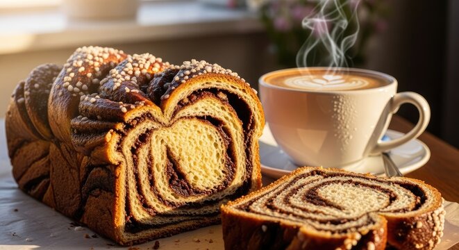 Steaming Cup of Coffee Next to a Sliced Chocolate Swirl Babka Bread Loaf scale (498
