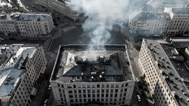 Aerial view of city building with smoke rising from roof after impact, aftermath of conflict, urban destruction from strike, damage to infrastructure, war zone scene, emergency event, damaged structur