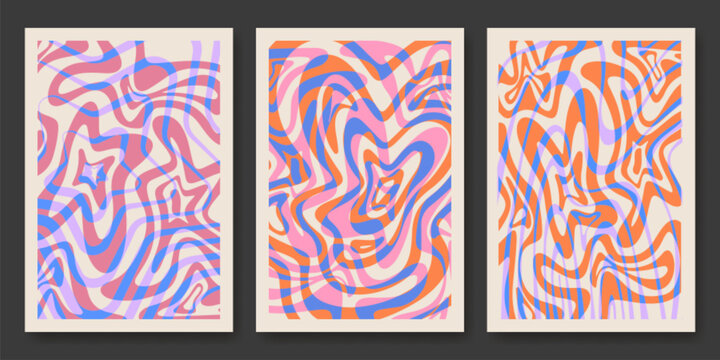 Psychedelic swirl pattern with groovy waves and vibrant retro colors. Abstract trippy vector background with flowing liquid textures and funky geometric shapes, poster set with optical illusion