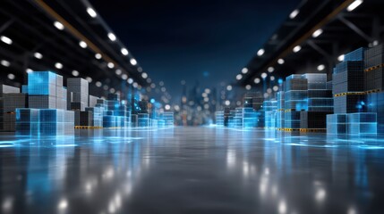 Obraz premium A futuristic digital cityscape with glowing blue wireframe buildings on a reflective surface, symbolizing advanced technology and urban innovation.