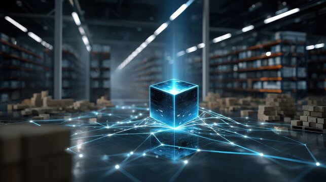 A glowing digital cube hovers amid a warehouse, symbolizing advanced technology and interconnected data networks in a futuristic storage environment.
