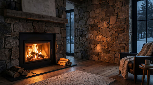 Cozy winter cabin interior with burning fireplace and stone wall at night