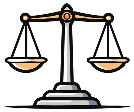 Cartoon scales of justice equilibrium law balance symbol of fairness and decision making. Symbolizes legal and ethical themes.