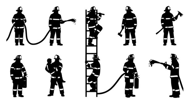 Minimal firefighter silhouette icon set with emergency rescue tools and safety gear vector collection