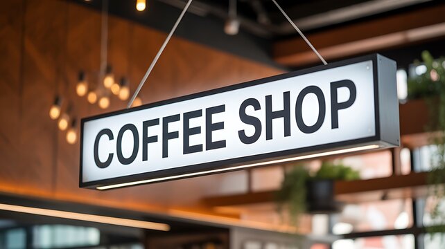 Coffee shop hanging sign inside modern cafe interior with warm lights