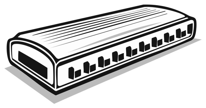 Illustration of a classic harmonica musical instrument with reeds and metallic casing