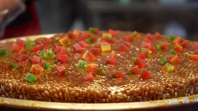Close Up Of A Delicious Steamed Rice Cake Dessert With Colorful Candied Fruit Toppings