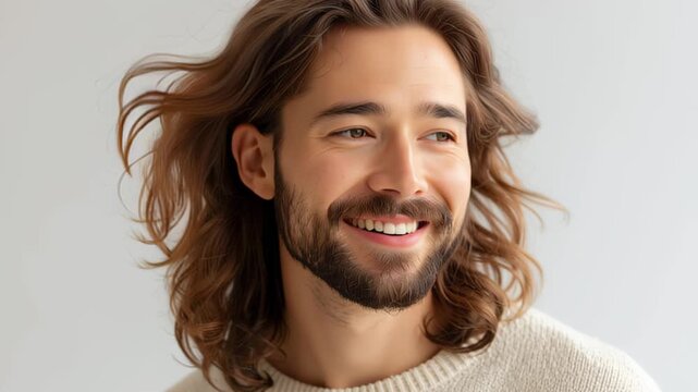 portrait of a smiling young man with long hair and a beard, wearing a sweater, isolated on a white background.