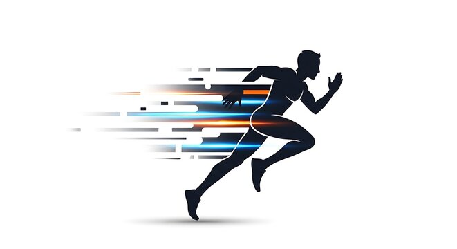 Silhouette of a runner in motion, streaks of light signifying speed and dynamism