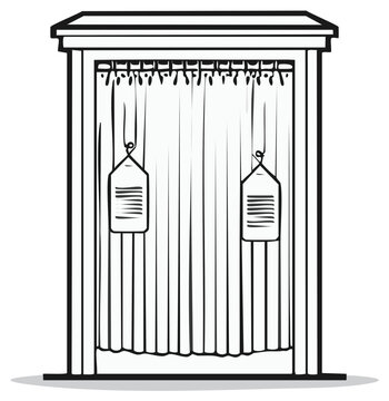 Simple Vector Illustration of a Traditional Changing Room Booth with Curtains and Hanging Tags