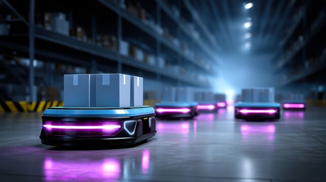 Autonomous robots with glowing purple lights transport packages in a futuristic warehouse with tall shelves and advanced logistics systems.