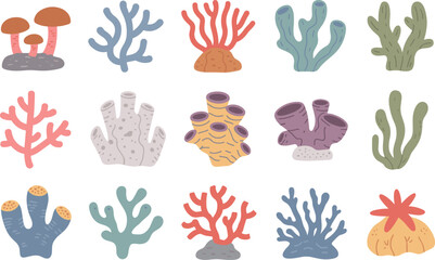Colorful coral reef elements set, sea plants and mushrooms vector illustration collection © Billal