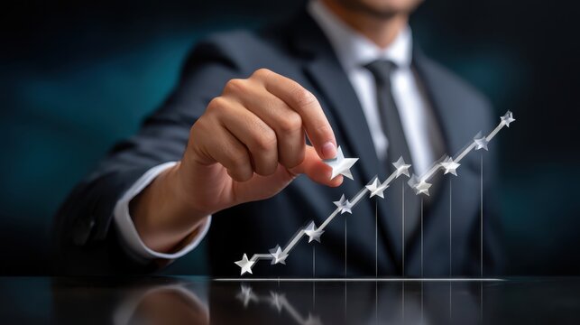 A businessman in a suit places a star on a rising graph made of stars, symbolizing success, growth, and achievement in business.