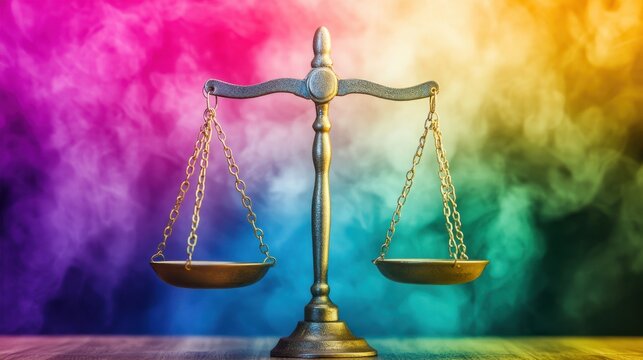 A vibrant representation of gender equality through a pair of balanced scales featuring both female and male figures.