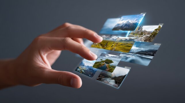 A hand interacts with floating digital photo thumbnails showcasing various landscapes and nature scenes on a dark background.