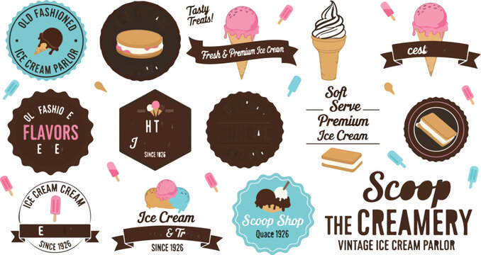 Vintage ice cream parlor labels and badges, retro scoop shop creamery branding elements, old fashioned dessert shop vector collection