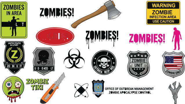 Zombie apocalypse survival kit vector elements, horror warning signs and military patches set, undead outbreak icons and weapons