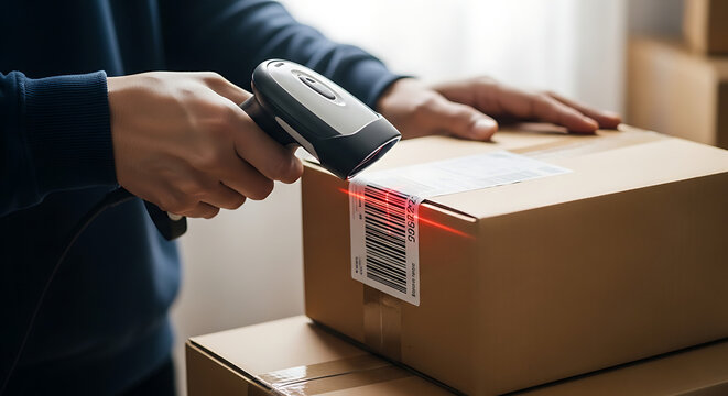 A person is scanning a barcode on a cardboard box with a handheld scanner, indicating a shipping or inventory process.