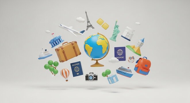 A colorful illustration of travel and tourism icons surrounding a globe