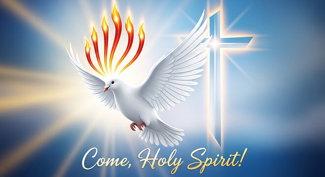 Sacred white dove symbolizing Holy Spirit with burning fire flame atop stylized Christian cross and calligraphy text Come Holy Spirit for Pentecost Sunday religious celebration and worship