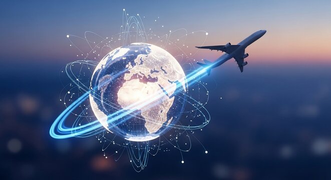 A plane flies around the Earth with a glowing blue network