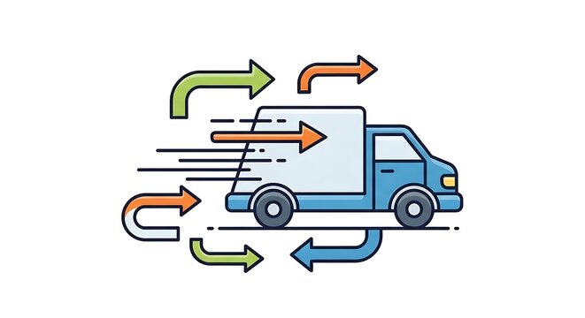 3D delivery truck with circular arrows showing logistics and supply chain movement
