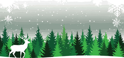 Winter forest landscape with white reindeer silhouette, green pine trees in snowy woods, festive Christmas holiday banner with snowflakes and falling snow © 爱心binragh