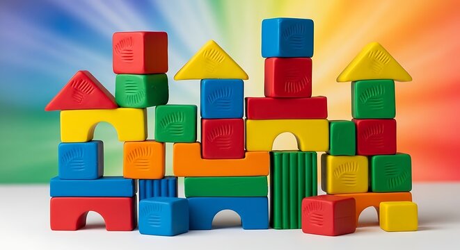 Colorful wooden building blocks arranged as a toy village against a vibrant rainbow sky background