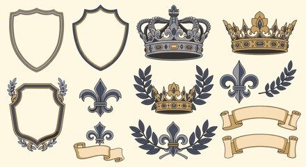 Medieval Ornamental Royal Heraldry Elements with Crowns Shields and Fleur de lis © David