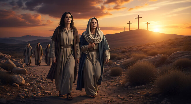 Two grieving biblical women walking towards Calvary hill at dramatic sunset where several wooden crosses stand against a glowing orange sky in a solemn religious scene of ancient Jerusalem.