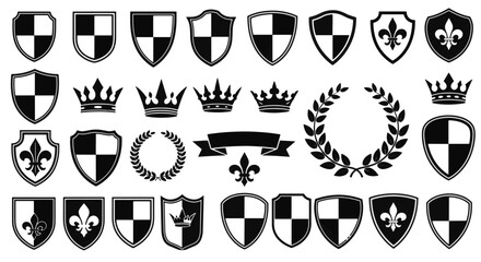 Set of Medieval Ornamental Heraldry Badges Regal Crowns Fleur de lis and Laurel Wreaths © David