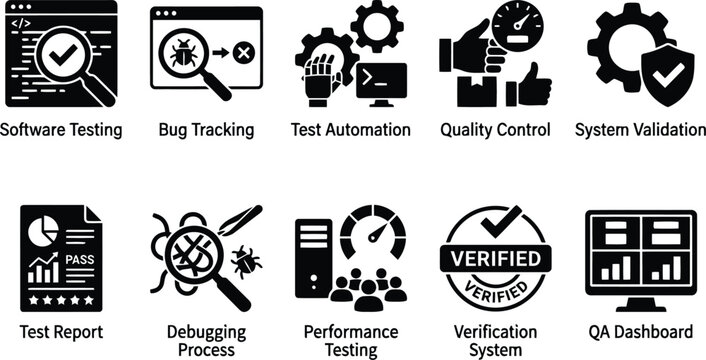 software testing icons, bug tracking, test automation, quality control