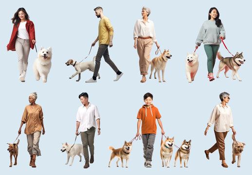 Diverse People Walking Dogs Element Set