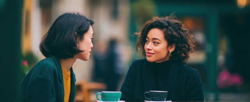 Two friends sipping java and chatting at a cozy sidewalk caf&eacute; in a cityscape.