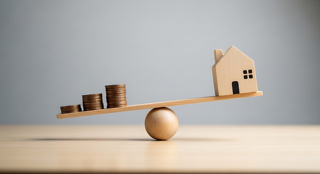 A wooden seesaw balances stacks of coins against a small wooden house, illustrating financial concepts.