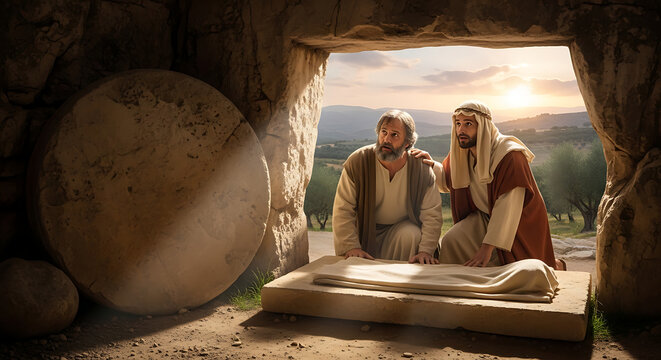 Two humble apostles gazing into an empty stone sepulcher during the sacred Easter morning resurrection event depicting a dramatic Biblical narrative scene within an ancient rock cavern.