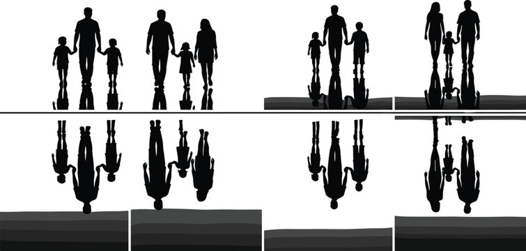 Silhouettes of families walking together with children, mirrored reflections symbolizing unity, bonding, connection, love, and lifestyle illustration