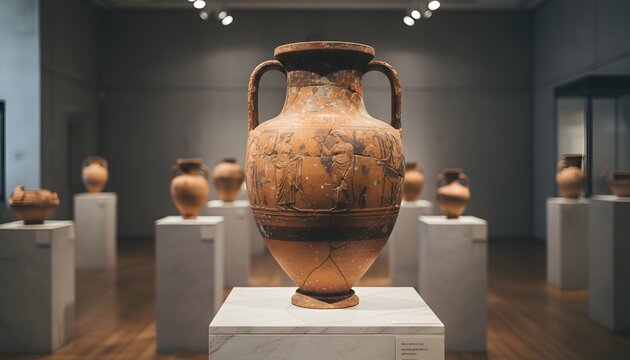 Ancient pottery on display pedestals in a museum gallery for International Museum Day concept showing historical Greek amphora artifacts and archaeological heritage