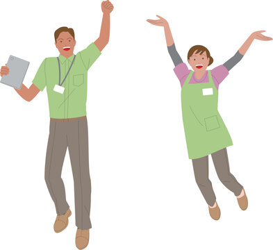 社会福祉士の男性と女性。元気で働くイメージのイラスト。