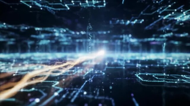 A slow cinematic tracking video glides through an intricate digital network of glowing data streams and shimmering particle clouds on a deep dark background. An ethereal light stream carves a new