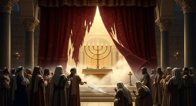 Ancient Jewish temple interior with a torn sacred curtain revealing the holy sanctuary where a golden menorah glows amidst divine light and devout religious worshipers.