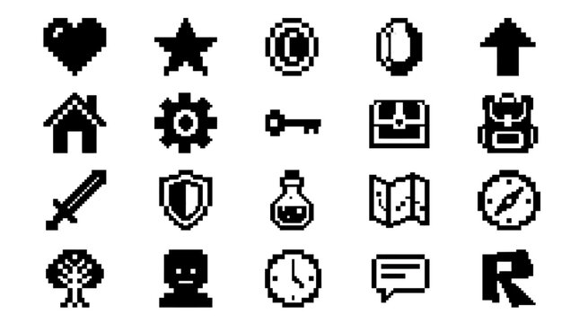 Collection of Monochrome Pixel Art Icons for Games and Applications