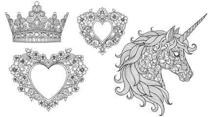 Medieval Ornamental Crown Unicorn Head and Floral Heart Frames for Design © David