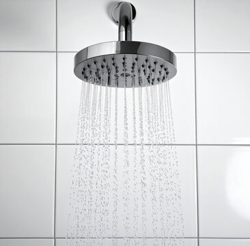 Alcachofa de ducha cromada con chorro de agua en un cuarto de ba&ntilde;o con baldosines blancos, concepto de higiene personal y ahorro de agua