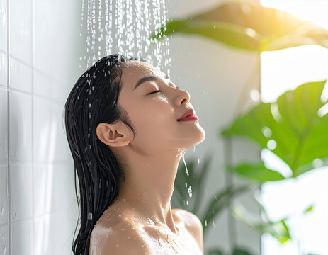 Mujer joven bajo un chorro de agua tomando una ducha relajante en un cuarto de ba&ntilde;o luminoso y blanco con plantas y baldosines blancos