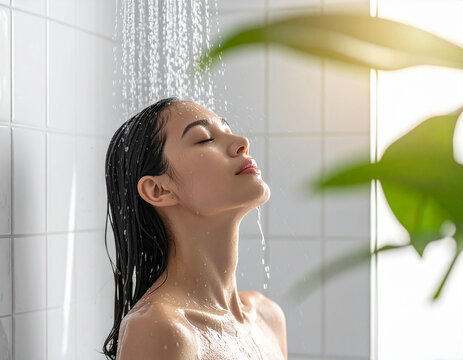 Mujer joven bajo un chorro de agua tomando una ducha relajante en un cuarto de ba&ntilde;o luminoso y blanco con plantas y baldosines blancos